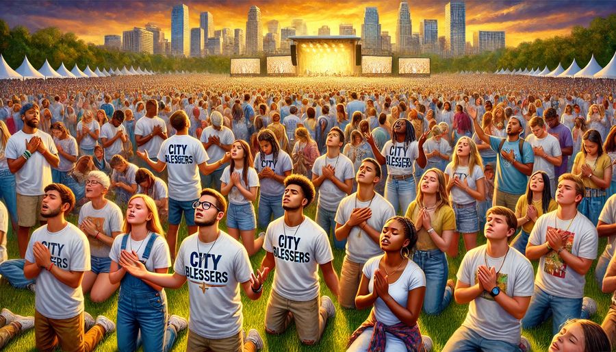 A field of young people praying for revival