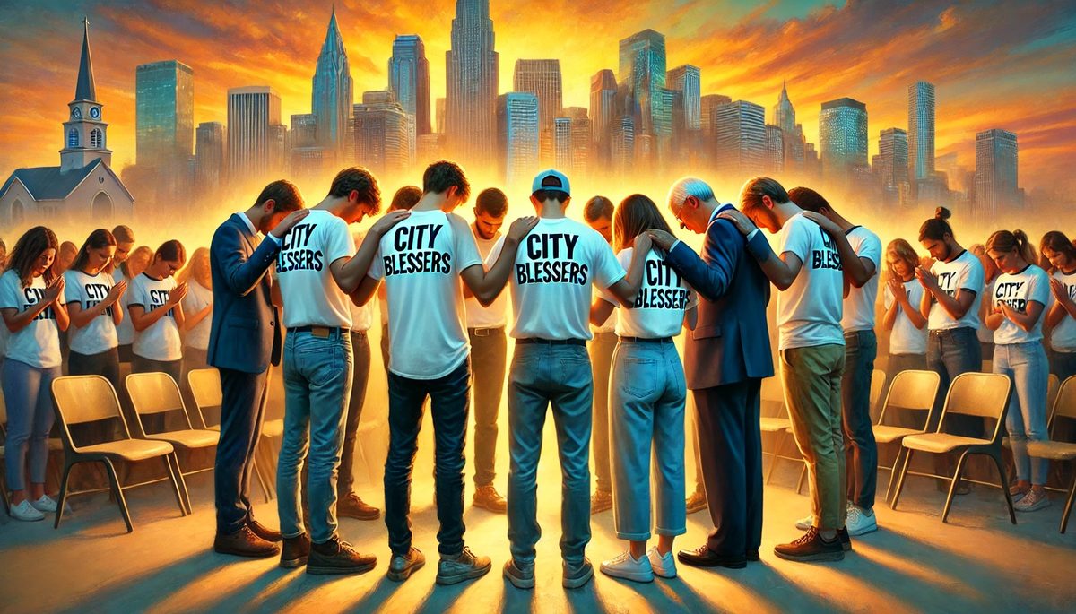 City Blessers praying together in a circle before a city skyline at sunset